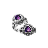 Elegant sterling silver triangle shape Amethyst Quartz ring with Balinese handcrafted detailing